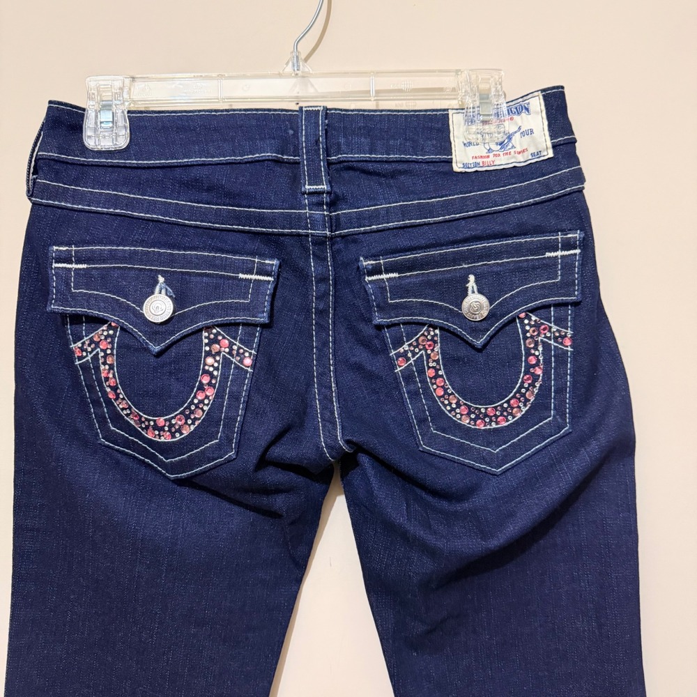 True Religion Billy Bootcut Jeans Dark Wash Pink Rhinestone Big T Stitch 27 Y2K - Picture 6 of 11